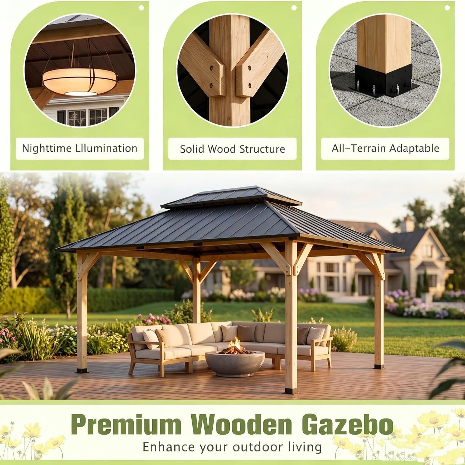 10' X 12' Wooden Gazebo,Patio Hardtop Gazebo Wood,Diy Color Permanent Pavilion with Galvanized Steel Double Metal Roof for Backyard, Deck(Windproof, Snow-Load Bearing, Waterproof, Rustproof)