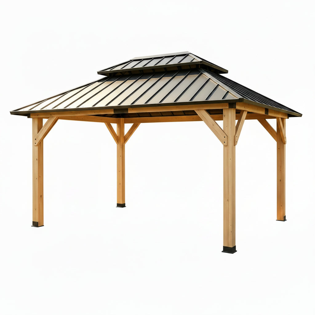 10' X 12' Wooden Gazebo,Patio Hardtop Gazebo Wood,Diy Color Permanent Pavilion with Galvanized Steel Double Metal Roof for Backyard, Deck(Windproof, Snow-Load Bearing, Waterproof, Rustproof)