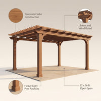 12X16 FT All Cedar Wood Wooden Pergola, Pergola Kit with Stakes, Quality Wood Supported Structure, Snow and Wind Supported, Outdoor Garden Shelter with Cedar Framed for Backyard, Deck, Lawn — infographic