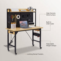 24 In. W Adjustable Workbench, Heavy Duty Wood Desktop Workbench with Wheels, Rolling Workbench with USB Outlet, Hooks — infographic