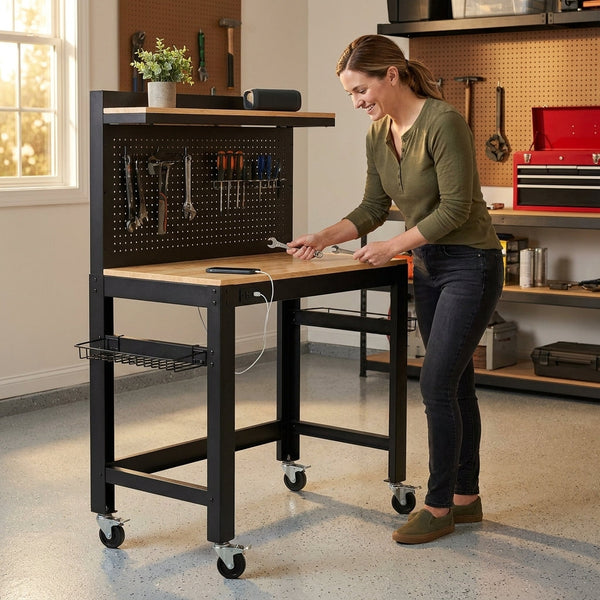 Adjustable Height Workbench Built to Support Heavy Projects, Metal Frame, USB Outlets, Storage Hooks