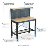 24 In. W Adjustable Workbench, Heavy Duty Wood Desktop Workbench with Wheels, Rolling Workbench with USB Outlet, Hooks — How It Works