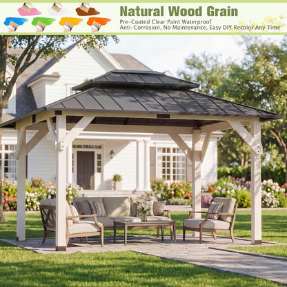 10' X 12' Wooden Gazebo,Patio Hardtop Gazebo Wood,Diy Color Permanent Pavilion with Galvanized Steel Double Metal Roof for Backyard, Deck(Windproof, Snow-Load Bearing, Waterproof, Rustproof)