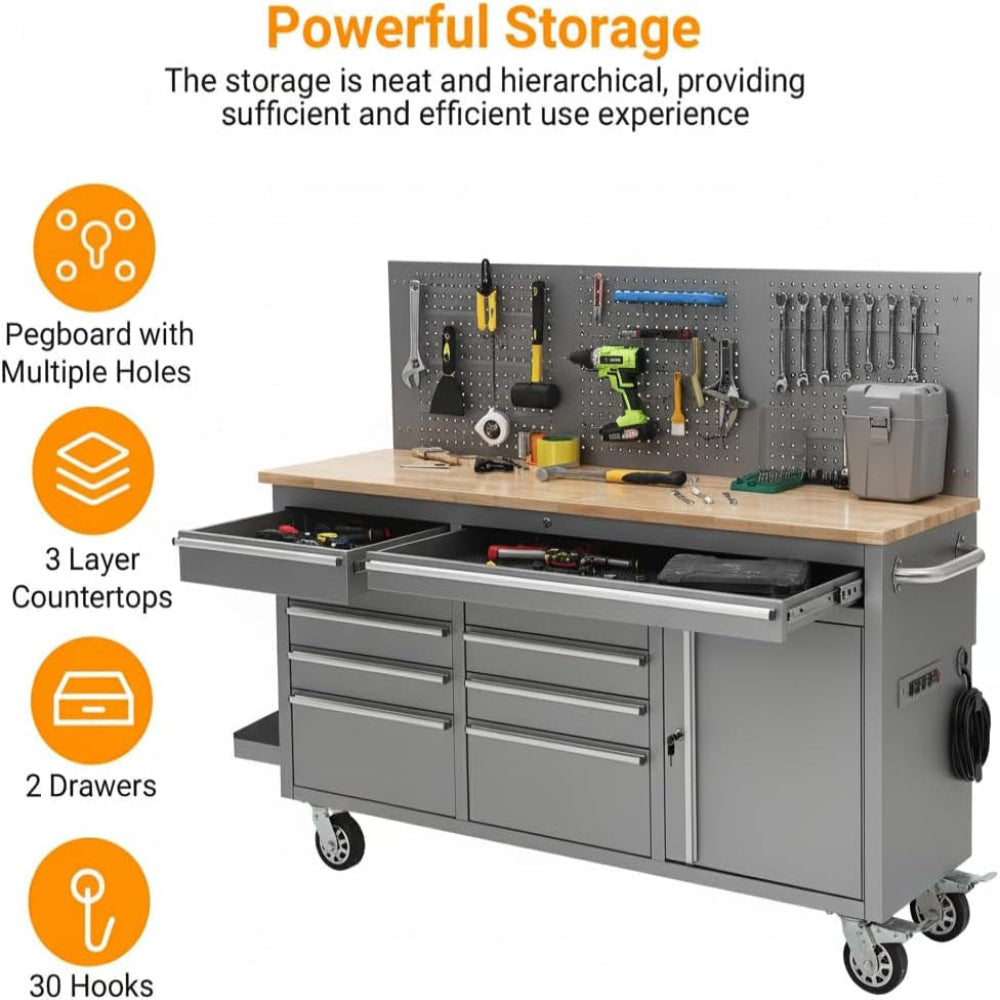 61-Inch Rolling Tool Chest, 10 Drawers Garage Workbench Storage Tool Cabinet with Power Strip, Solid Rubber Wood Top, 1675 LBS Load Mobile Workstation, Heavy Duty Rolling Cabinet