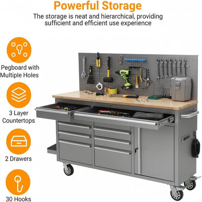 61-Inch Rolling Tool Chest, 10 Drawers Garage Workbench Storage Tool Cabinet with Power Strip, Solid Rubber Wood Top, 1675 LBS Load Mobile Workstation, Heavy Duty Rolling Cabinet