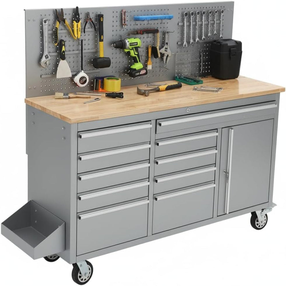 61-Inch Rolling Tool Chest, 10 Drawers Garage Workbench Storage Tool Cabinet with Power Strip, Solid Rubber Wood Top, 1675 LBS Load Mobile Workstation, Heavy Duty Rolling Cabinet
