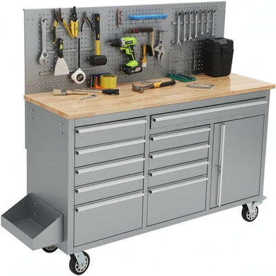 61-Inch Rolling Tool Chest, 10 Drawers Garage Workbench Storage Tool Cabinet with Power Strip, Solid Rubber Wood Top, 1675 LBS Load Mobile Workstation, Heavy Duty Rolling Cabinet