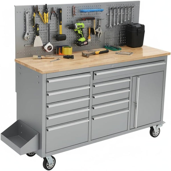 61-Inch Rolling Tool Chest, 10 Drawers Garage Workbench Storage Tool Cabinet with Power Strip, Solid Rubber Wood Top, 1675 LBS Load Mobile Workstation, Heavy Duty Rolling Cabinet