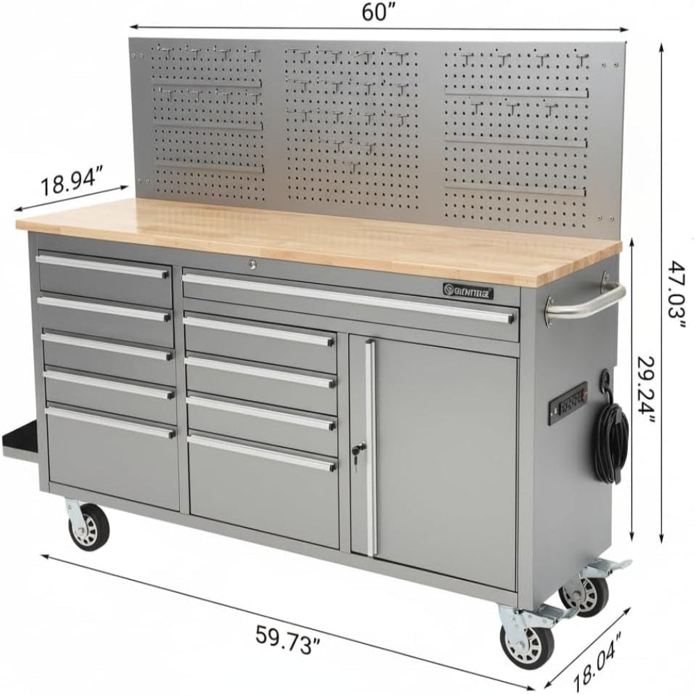 61-Inch Rolling Tool Chest, 10 Drawers Garage Workbench Storage Tool Cabinet with Power Strip, Solid Rubber Wood Top, 1675 LBS Load Mobile Workstation, Heavy Duty Rolling Cabinet