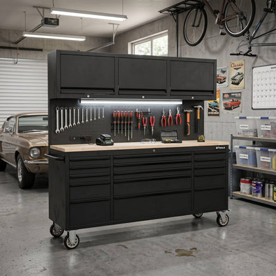 72-Inch Heavy-Duty Rolling Garage Workstation with 15 Drawers & Overhead Storage | Oak Forge