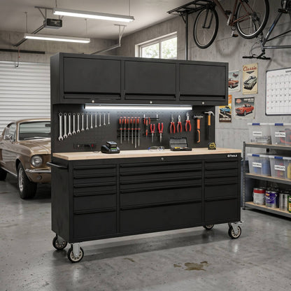 72-Inch Heavy-Duty Rolling Garage Workstation with 15 Drawers & Overhead Storage | Oak Forge