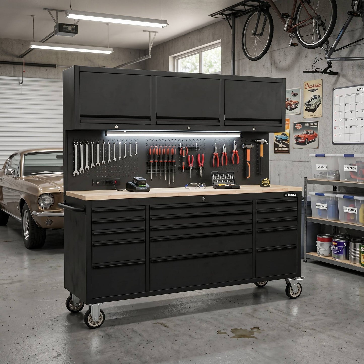 72-Inch Heavy-Duty Rolling Garage Workstation with 15 Drawers & Overhead Storage | Oak Forge