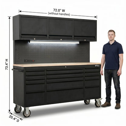 72-Inch Heavy-Duty Rolling Garage Workstation with 15 Drawers & Overhead Storage | Oak Forge