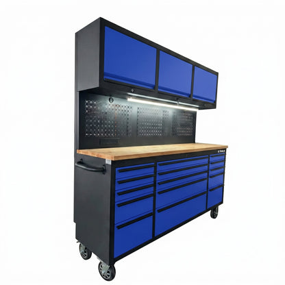 72-Inch Heavy-Duty Rolling Garage Workstation with 15 Drawers & Overhead Storage | Oak Forge