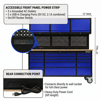 72-Inch Heavy-Duty Rolling Garage Workstation with 15 Drawers & Overhead Storage | Oak Forge