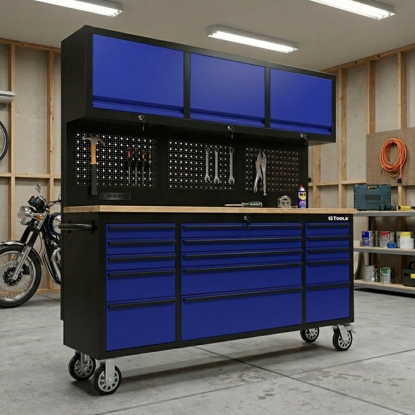 72-Inch Heavy-Duty Rolling Garage Workstation with 15 Drawers & Overhead Storage | Oak Forge