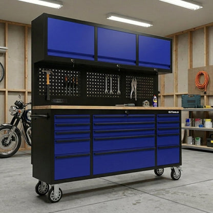 72-Inch Heavy-Duty Rolling Garage Workstation with 15 Drawers & Overhead Storage | Oak Forge