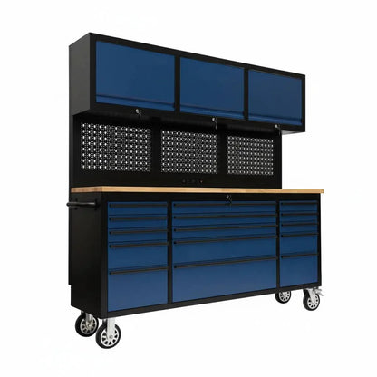 72-Inch Heavy-Duty Rolling Garage Workstation with 15 Drawers & Overhead Storage | Oak Forge