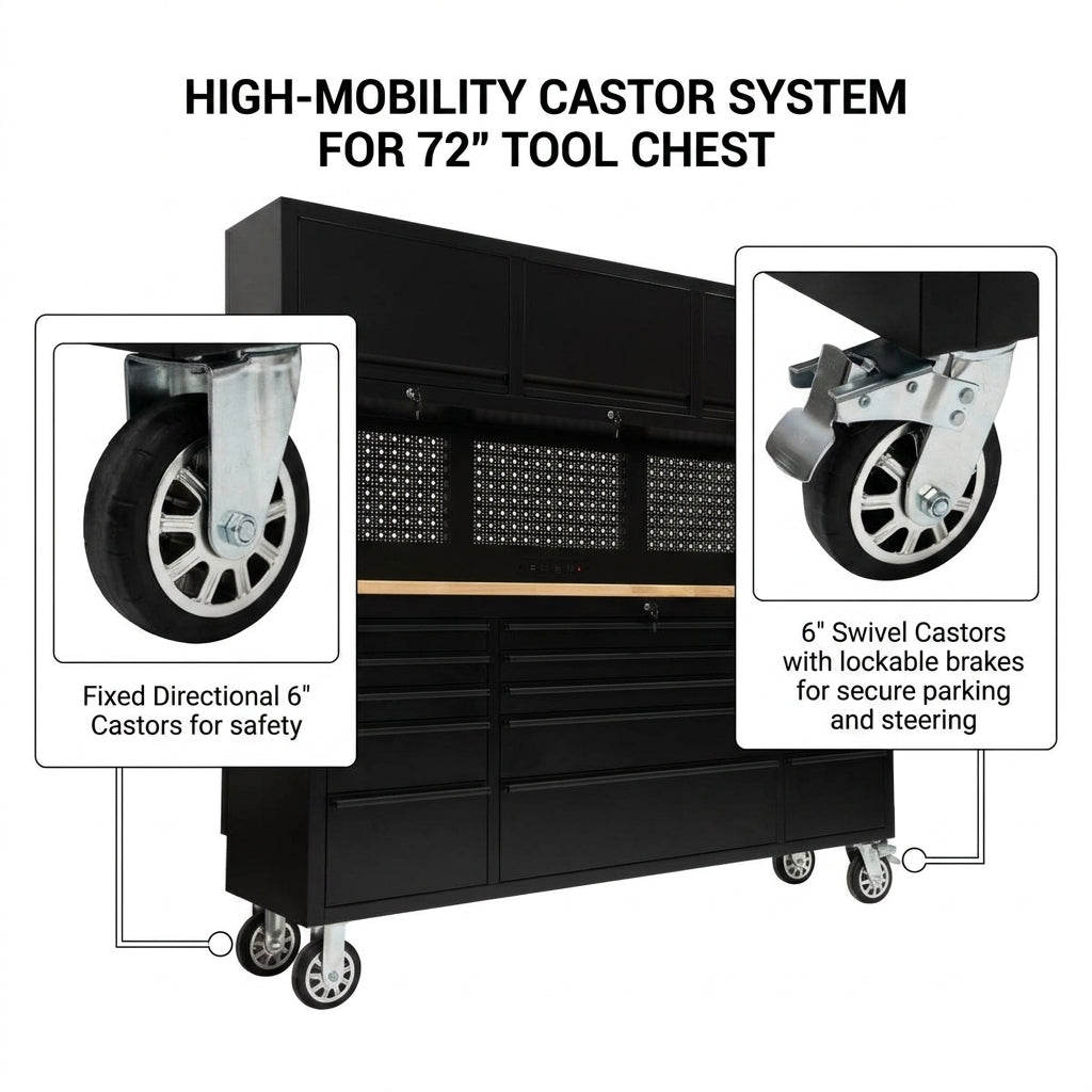 72-Inch Heavy-Duty Rolling Garage Workstation with 15 Drawers & Overhead Storage | Oak Forge