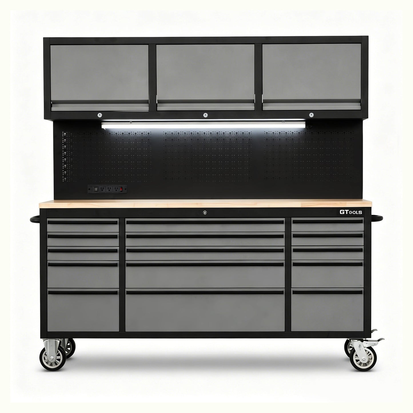 72-Inch Heavy-Duty Rolling Garage Workstation with 15 Drawers & Overhead Storage | Oak Forge