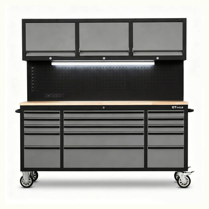 72-Inch Heavy-Duty Rolling Garage Workstation with 15 Drawers & Overhead Storage | Oak Forge