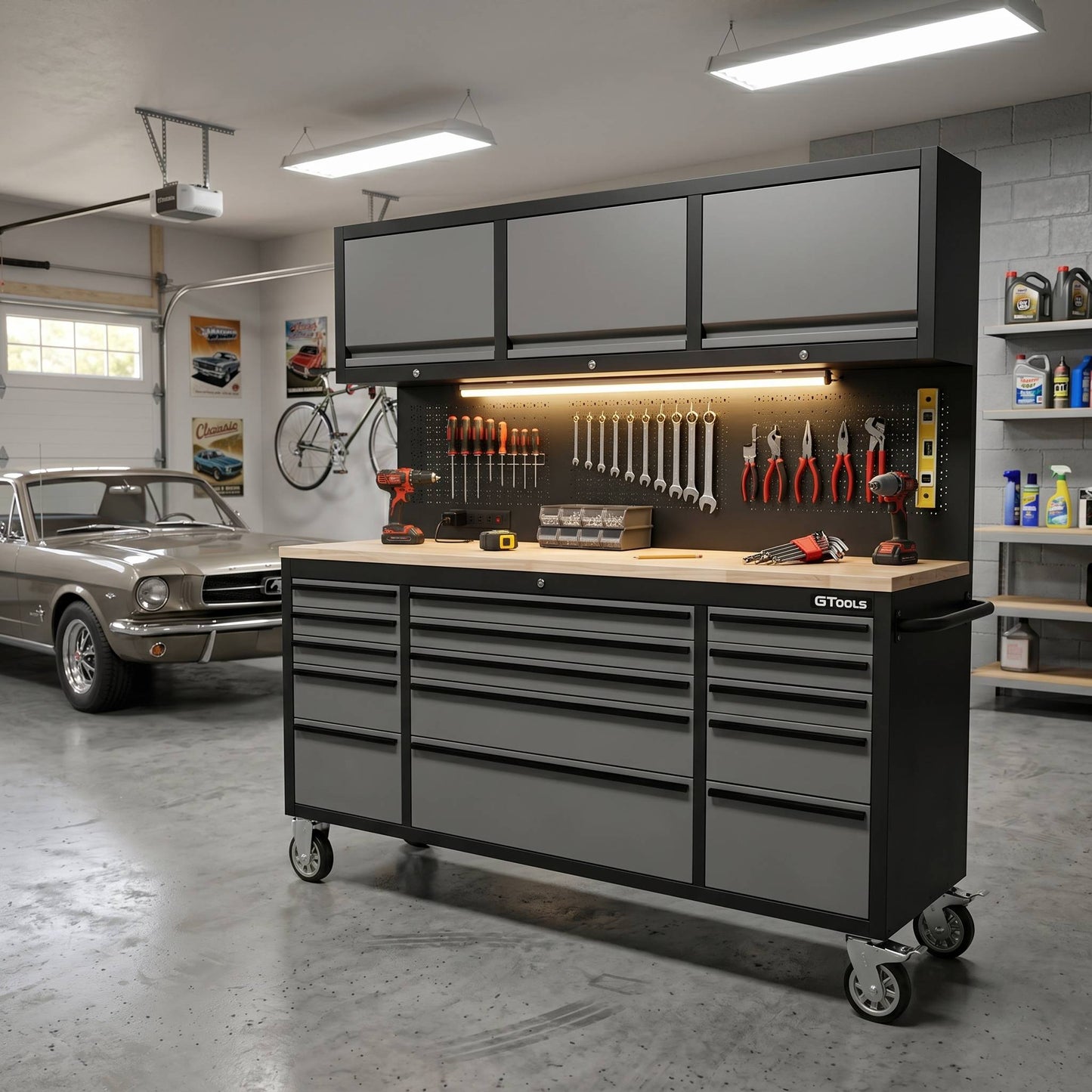 72-Inch Heavy-Duty Rolling Garage Workstation with 15 Drawers & Overhead Storage | Oak Forge