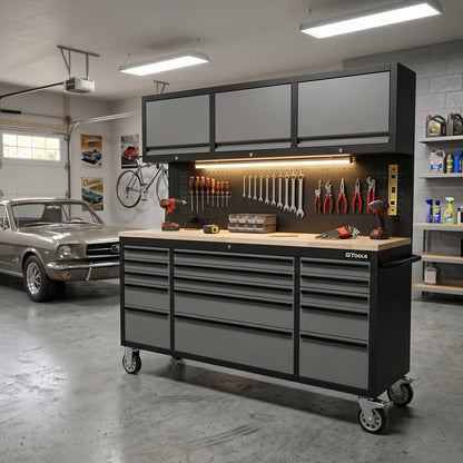 72-Inch Heavy-Duty Rolling Garage Workstation with 15 Drawers & Overhead Storage | Oak Forge