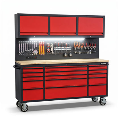 72-Inch Heavy-Duty Rolling Garage Workstation with 15 Drawers & Overhead Storage | Oak Forge