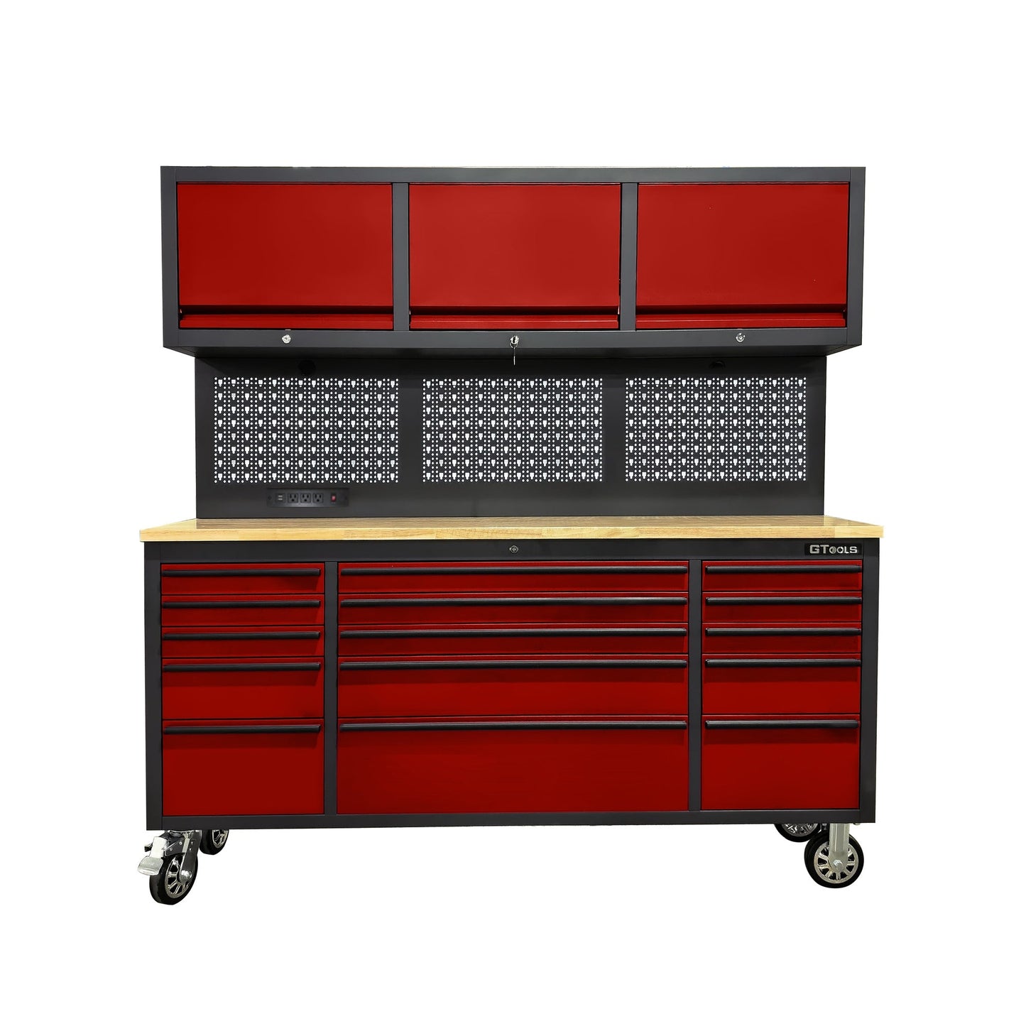 72-Inch Heavy-Duty Rolling Garage Workstation with 15 Drawers & Overhead Storage | Oak Forge