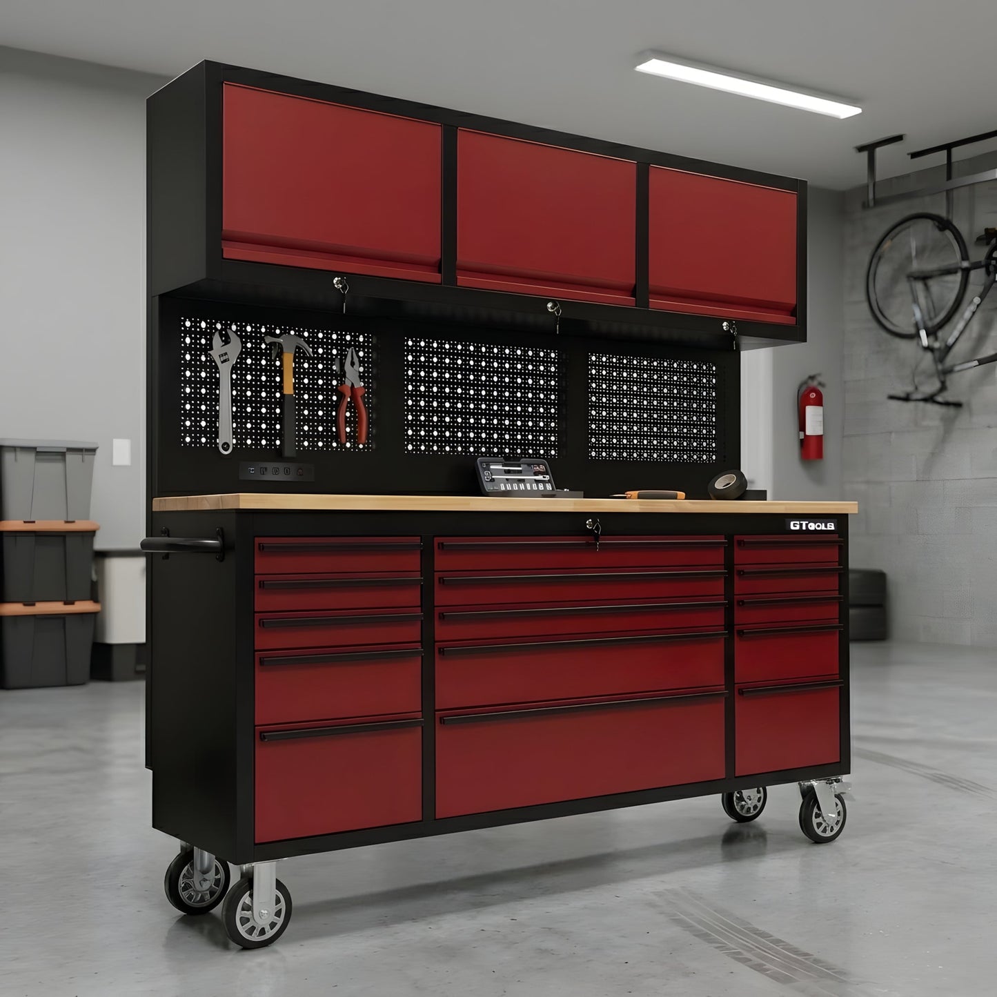 72-Inch Heavy-Duty Rolling Garage Workstation with 15 Drawers & Overhead Storage | Oak Forge