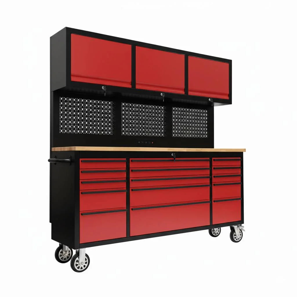 72-Inch Heavy-Duty Rolling Garage Workstation with 15 Drawers & Overhead Storage | Oak Forge