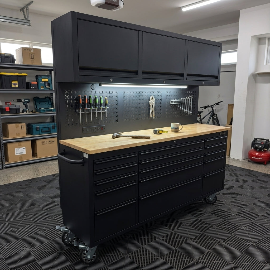 72-Inch Heavy-Duty Rolling Garage Workstation with 15 Drawers & Overhead Storage | Oak Forge