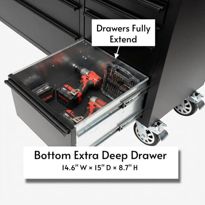 72-Inch Heavy-Duty Rolling Garage Workstation with 15 Drawers & Overhead Storage | Oak Forge