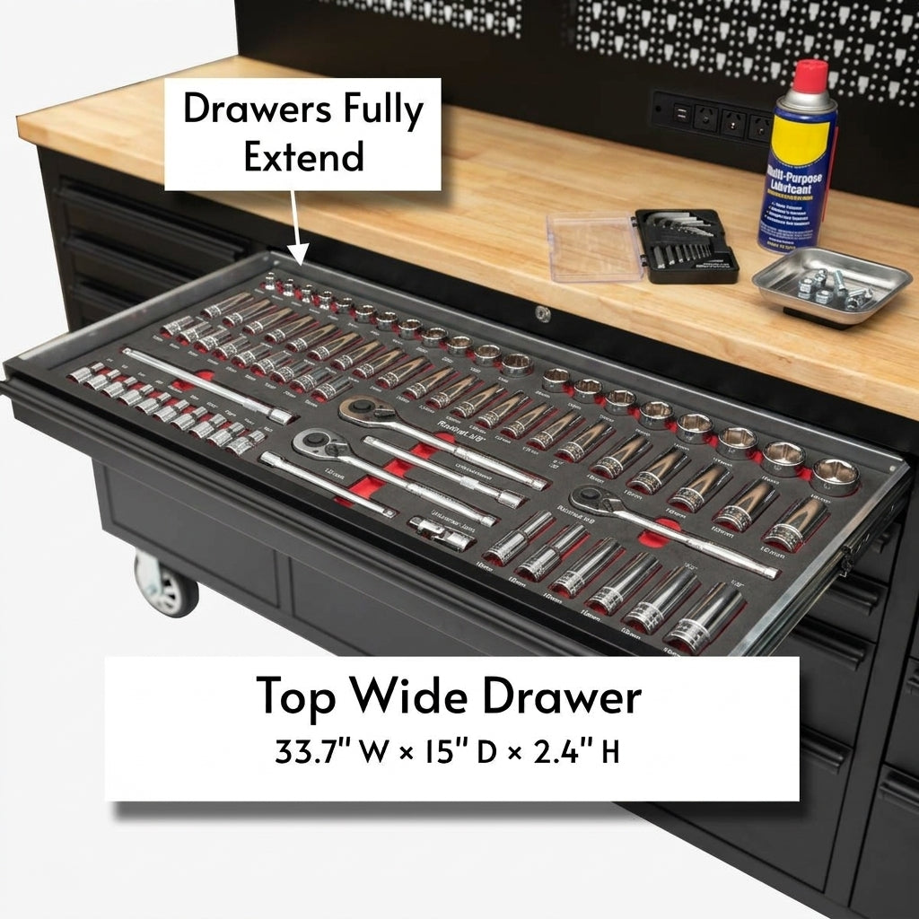 72-Inch Heavy-Duty Rolling Garage Workstation with 15 Drawers & Overhead Storage | Oak Forge