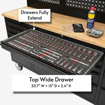 72-Inch Heavy-Duty Rolling Garage Workstation with 15 Drawers & Overhead Storage | Oak Forge