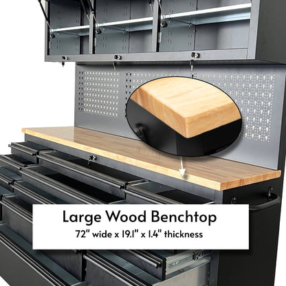 72-Inch Heavy-Duty Rolling Garage Workstation with 15 Drawers & Overhead Storage | Oak Forge