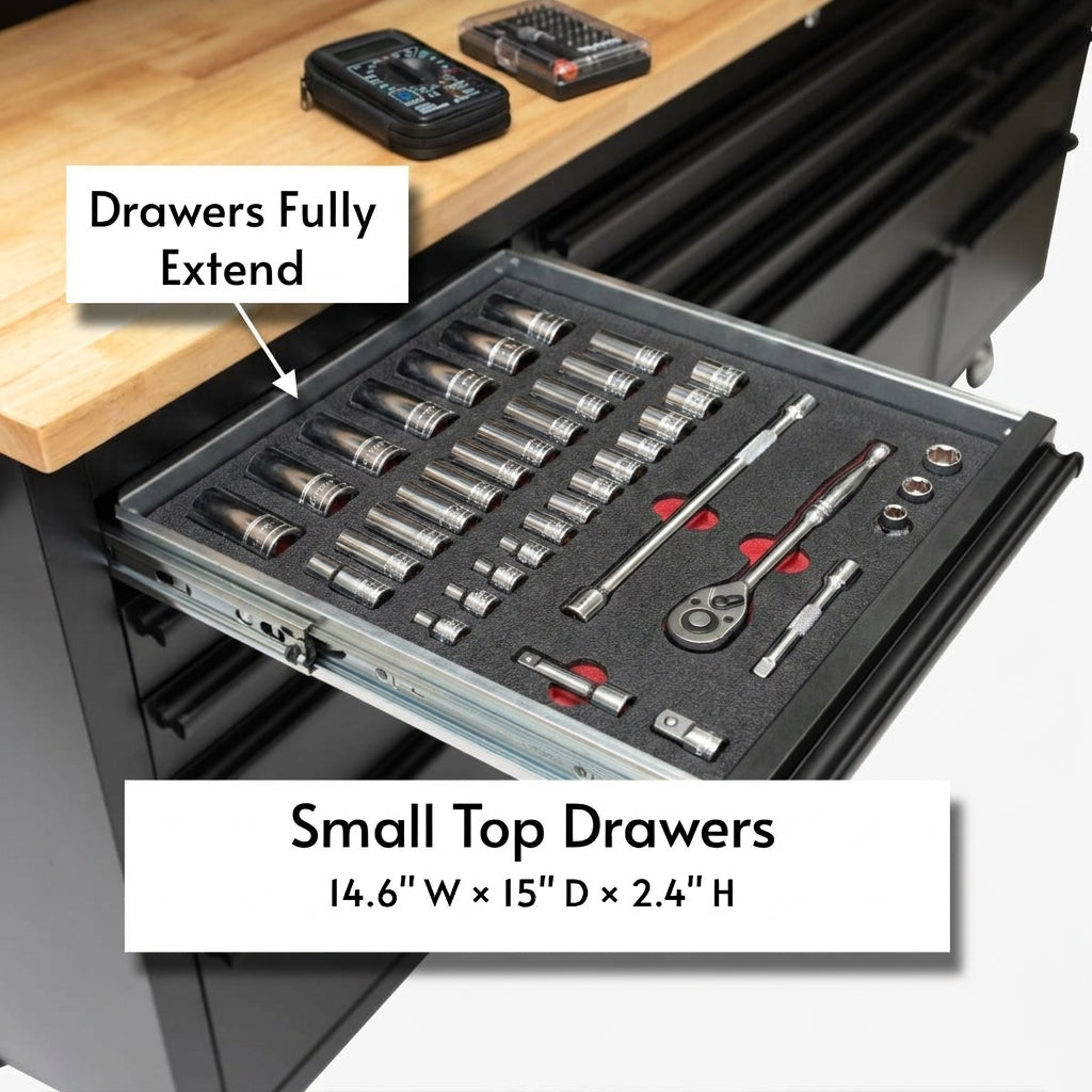 72-Inch Heavy-Duty Rolling Garage Workstation with 15 Drawers & Overhead Storage | Oak Forge