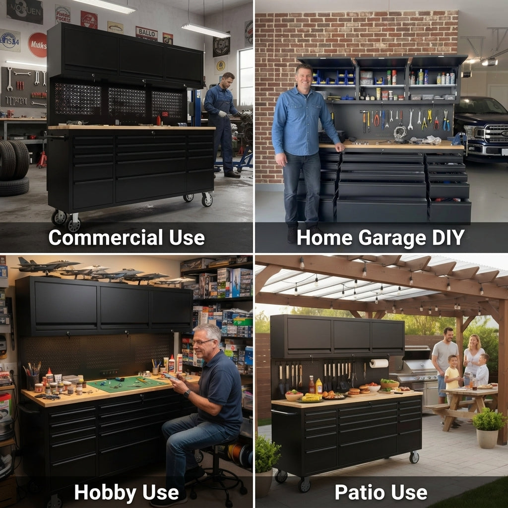 72-Inch Heavy-Duty Rolling Garage Workstation with 15 Drawers & Overhead Storage | Oak Forge