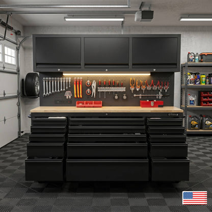 72-Inch Heavy-Duty Rolling Garage Workstation with 15 Drawers & Overhead Storage | Oak Forge
