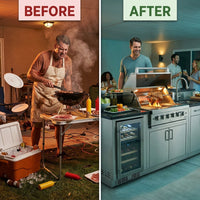Modular Outdoor Kitchen BBQ Island, 104" Outdoor Kitchen Propane Gas Island Grill with Sink, Compact Refrigerator, Storage Cabinets, Rotisserie Kit (Silver, 104") — Before & After