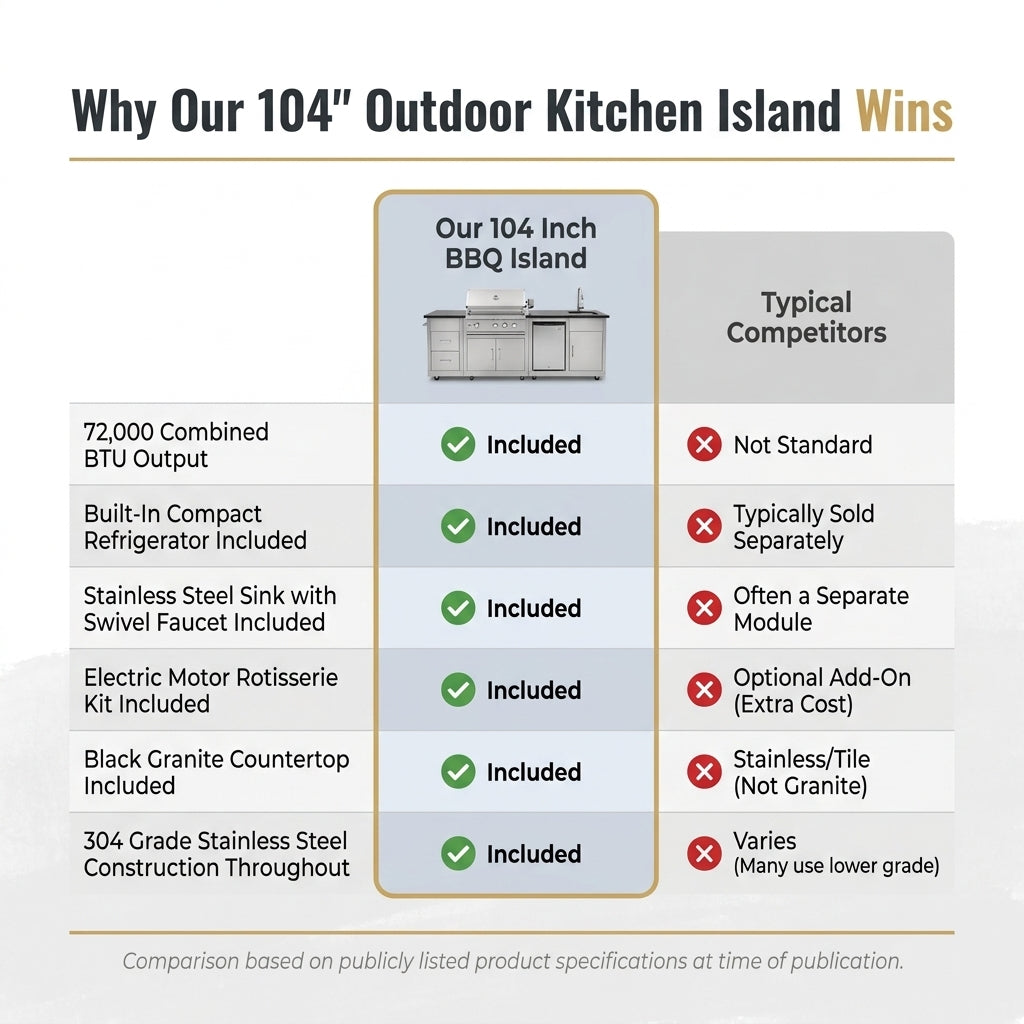 Modular Outdoor Kitchen BBQ Island, 104" Outdoor Kitchen Propane Gas Island Grill with Sink, Compact Refrigerator, Storage Cabinets, Rotisserie Kit (Silver, 104") — Comparison