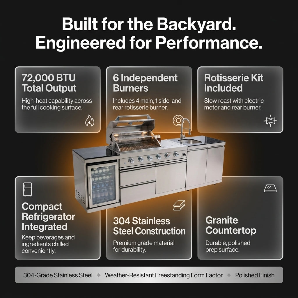 Modular Outdoor Kitchen BBQ Island, 104" Outdoor Kitchen Propane Gas Island Grill with Sink, Compact Refrigerator, Storage Cabinets, Rotisserie Kit (Silver, 104") — Results & Stats