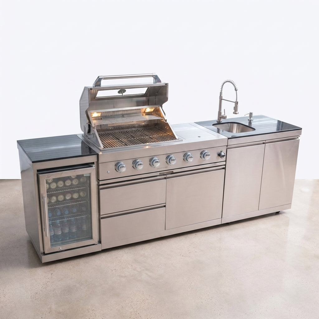 Modular Outdoor Kitchen BBQ Island, 104" Outdoor Kitchen Propane Gas Island Grill with Sink, Compact Refrigerator, Storage Cabinets, Rotisserie Kit (Silver, 104") — Studio Shot