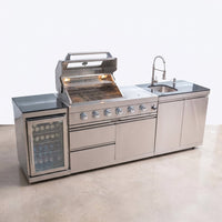 Modular Outdoor Kitchen BBQ Island, 104" Outdoor Kitchen Propane Gas Island Grill with Sink, Compact Refrigerator, Storage Cabinets, Rotisserie Kit (Silver, 104") — Studio Shot