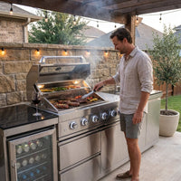 Modular Outdoor Kitchen BBQ Island, 104" Outdoor Kitchen Propane Gas Island Grill with Sink, Compact Refrigerator, Storage Cabinets, Rotisserie Kit (Silver, 104") — Lifestyle