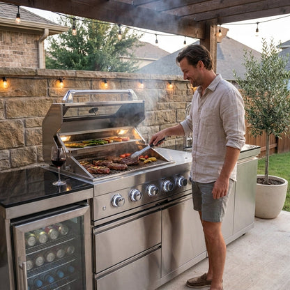 Modular Outdoor Kitchen BBQ Island, 104" Outdoor Kitchen Propane Gas Island Grill with Sink, Compact Refrigerator, Storage Cabinets, Rotisserie Kit (Silver, 104") — Lifestyle