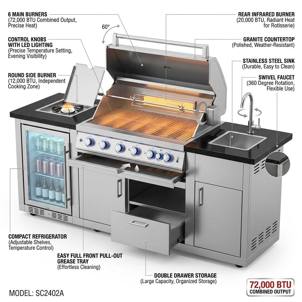Modular Outdoor Kitchen BBQ Island, 104" Outdoor Kitchen Propane Gas Island Grill with Sink, Compact Refrigerator, Storage Cabinets, Rotisserie Kit (Silver, 104") — How It Works