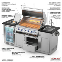Modular Outdoor Kitchen BBQ Island, 104" Outdoor Kitchen Propane Gas Island Grill with Sink, Compact Refrigerator, Storage Cabinets, Rotisserie Kit (Silver, 104") — How It Works