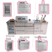 Outdoor Kitchen Island Built for Backyard Cooking, 104 Inch Modular Design, Gas Grill with Sink, Refrigerator