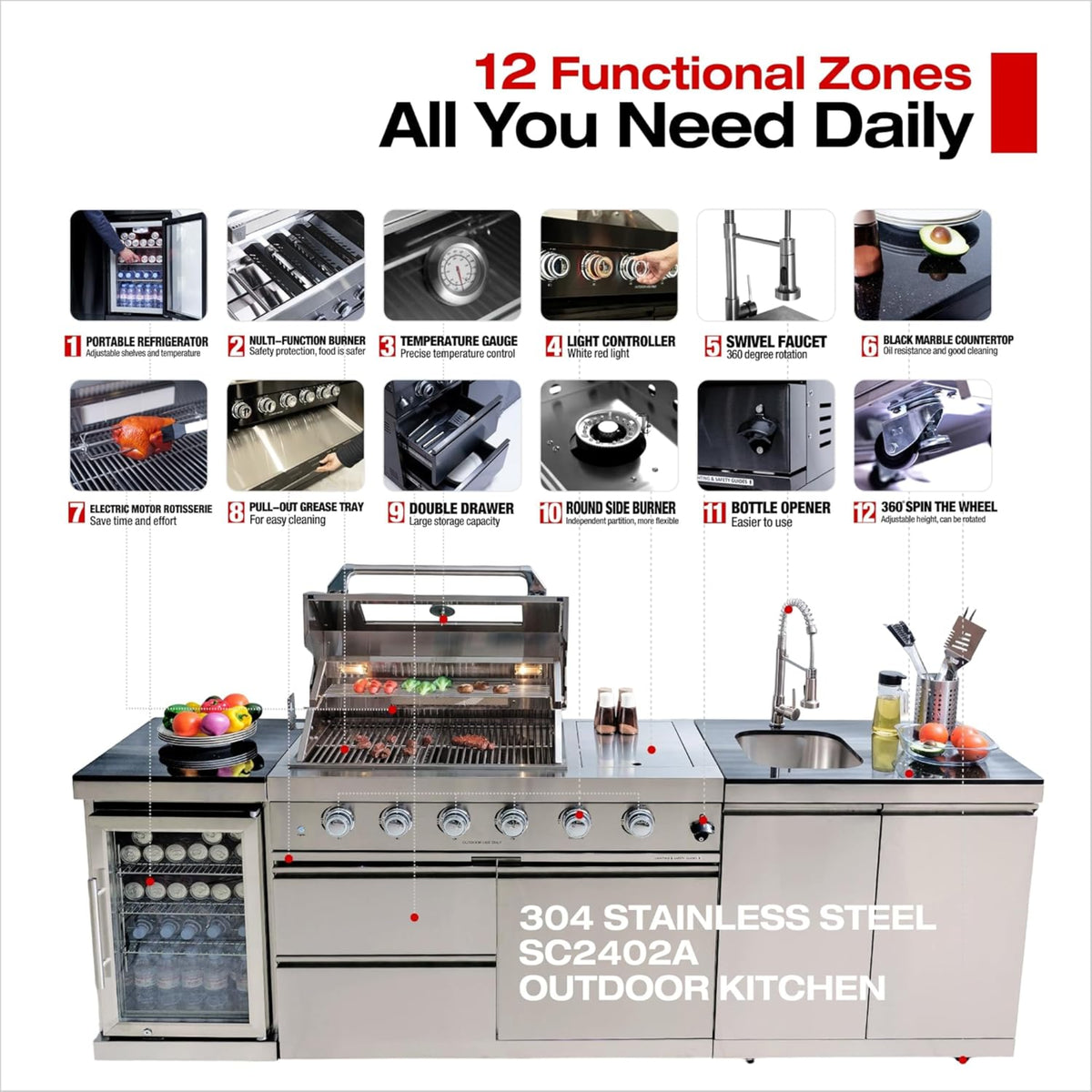 104-Inch Modular Outdoor Kitchen Island with Gas Grill, Sink, Beverage Refrigerator & Rotisserie – 72,000 BTU | Oak Forge